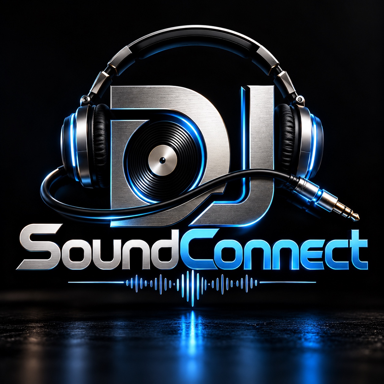 DJ SoundConnect logo in silver and electric blue, with headphones, a record, and an audio cable